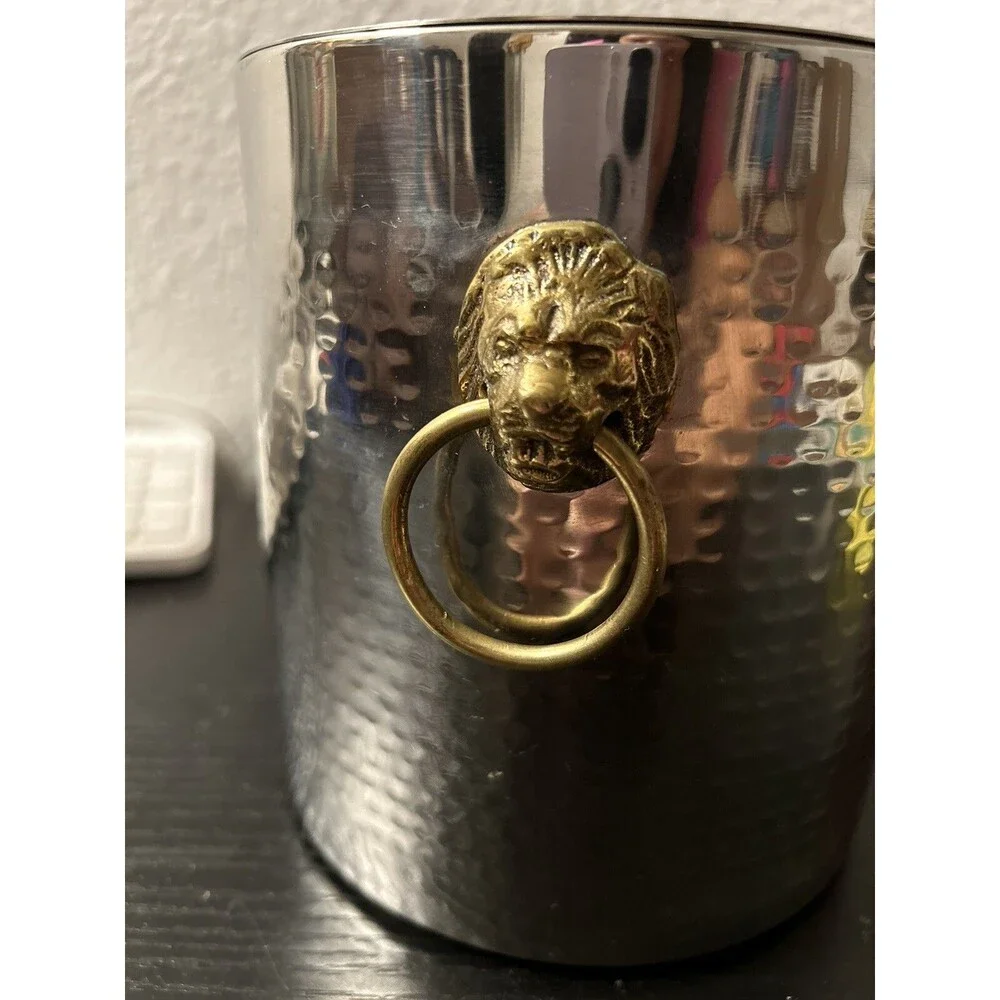 SMALL HAMMERED ICE BUCKET WITH BRASS LIONHEADS
